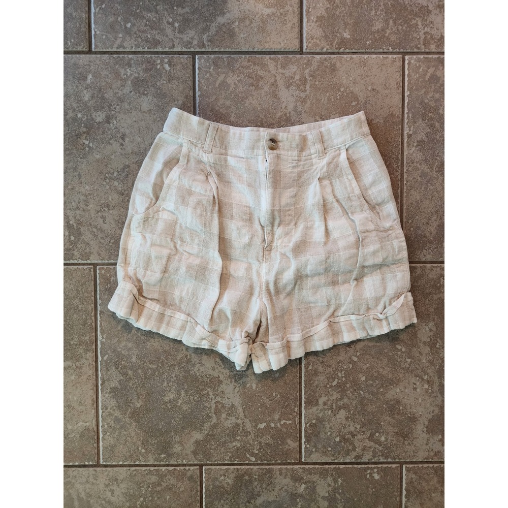Madewell Womens Beige White Buffalo Check Plaid Pleated Linen Blend Shorts 2